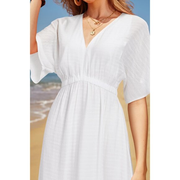 Women's Maternity Maxi Dress Boho Short Sleeve V Neck Tie Tiered Summer - Picture 5 of 6